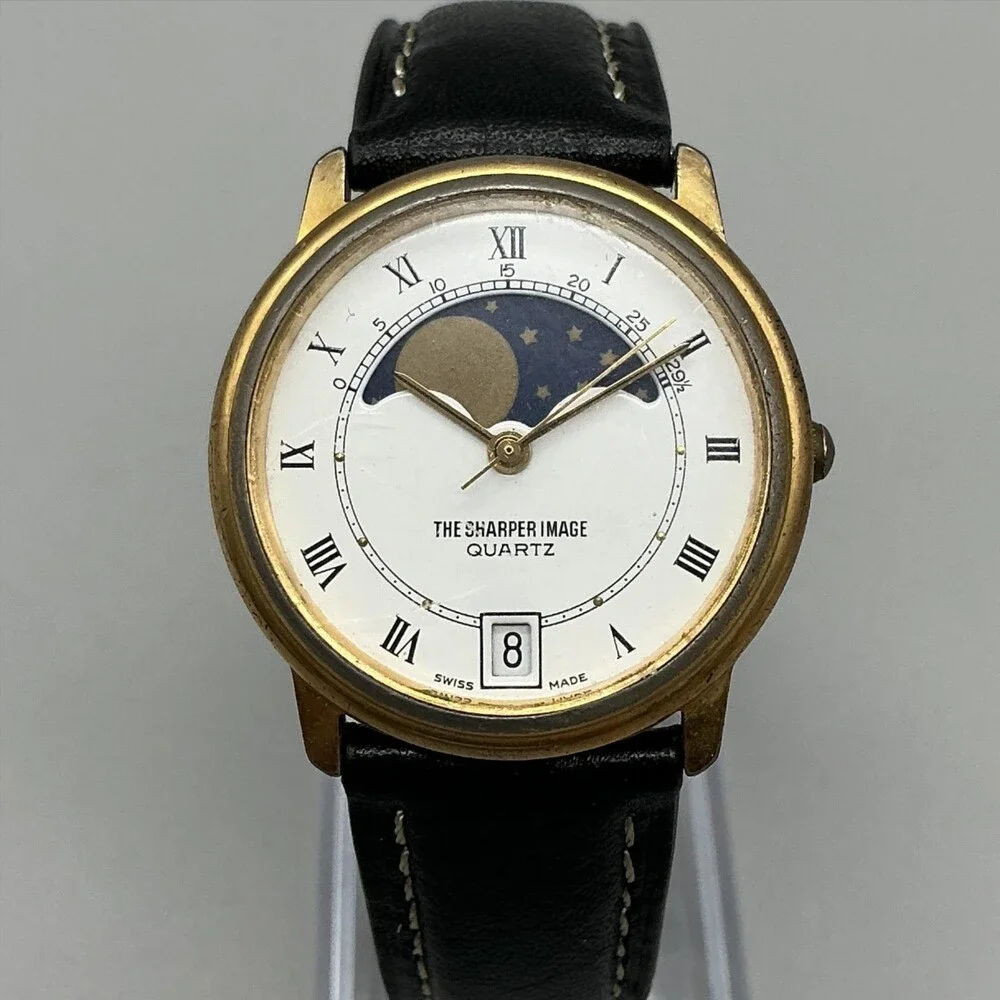 The Sharper Image Mens Watch 32mm White Dial Moon Phase Date Swiss New Battery
